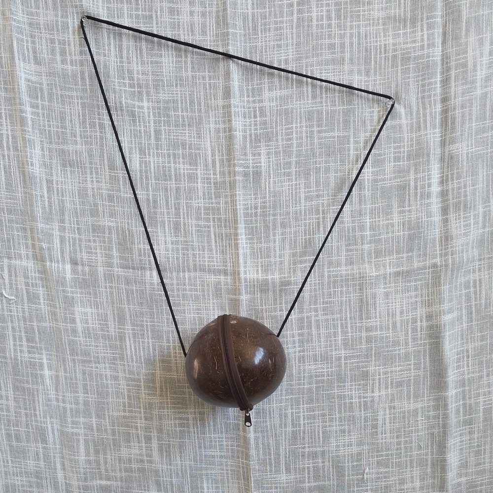 Handmade Box Style Coconut Shell Handbag Brown Yellow Black Fabric Lining